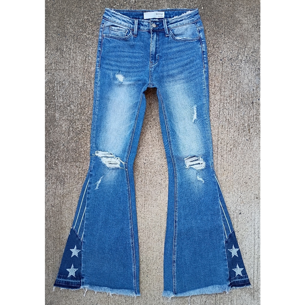 Bridge by Gly High Rise Distressed Stretch Star Flare Bell Bottom Jeans